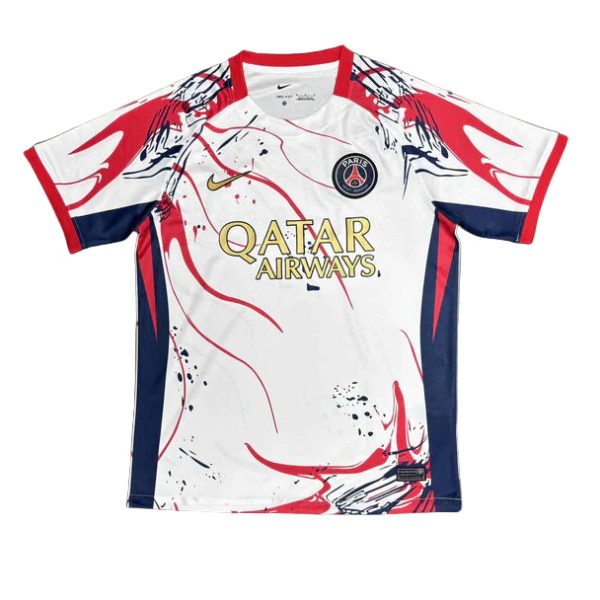 Paris Saint-Germain football jersey, white with red and navy graphic splashes, club crest and Qatar Airways sponsor on front.