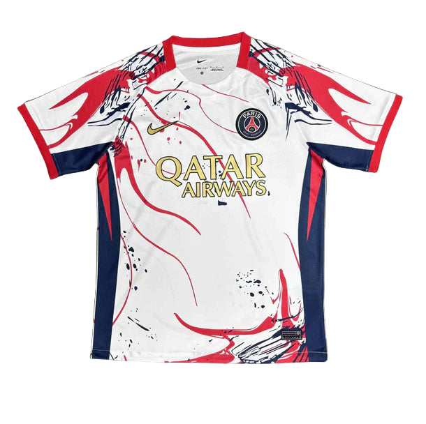 jg Paris Saint-Germain football jersey, white with red and navy graphic splashes, club crest and Qatar Airways sponsor on front.