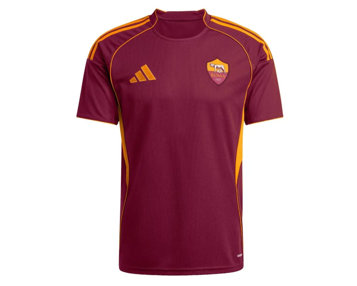 Roma soccer jersey in maroon with yellow piping and club crest on the chest area.