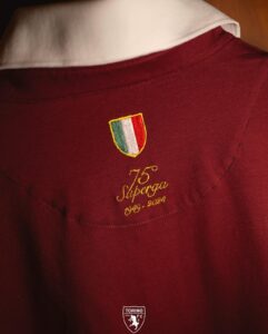 Maroon polo shirt back with a small Italian flag shield embroidery and a Torino FC badge at the bottom.