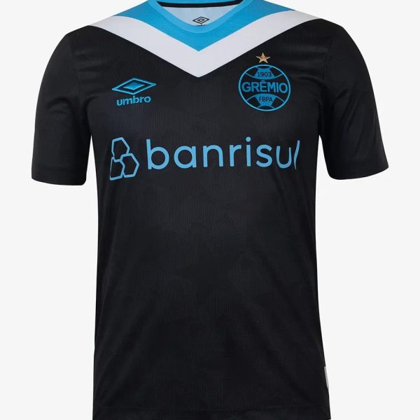 Grêmio soccer jersey in black with blue accents, crest on the left chest and banrisul sponsor across the front.