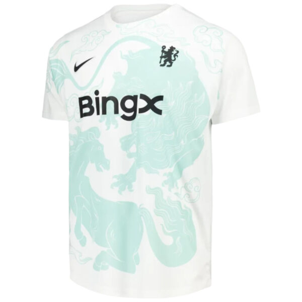 White athletic T-shirt featuring a pale teal dragon design across the front with a bold BingX logo and a small Nike swoosh on the chest area.