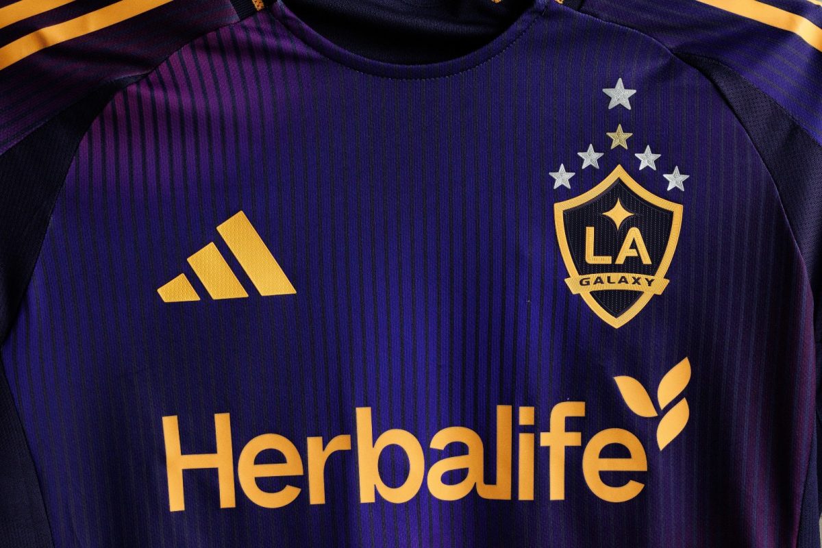 Close-up of a purple LA Galaxy soccer jersey featuring the team crest, Herbalife sponsor text, and a gold Adidas logo.