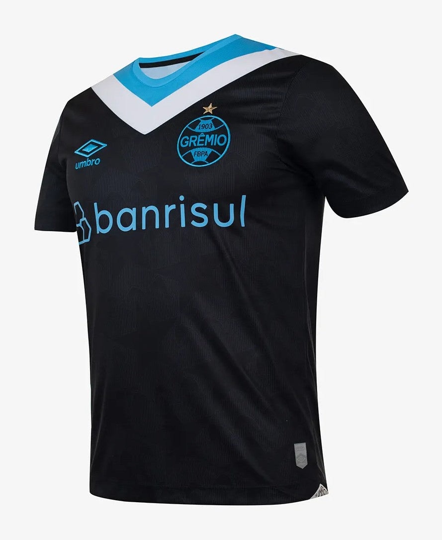 kNBGms7PlX3lifi | UAE SPORT STORE Black Grêmio football jersey with blue chevron collar, club crest, and Banrisul sponsor on the front.