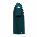 Side view of a teal jacket with a white Kappa logo on the sleeve and a small badge near the hem.