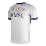 kg_d018899f-5e66-4a71-a852-9a07aff03bf4 | UAE SPORT STORE White soccer jersey with blue trim on sleeves and collar, featuring MSC sponsor logo and team crests, including an Italian flag emblem on the chest.