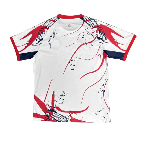 White short-sleeve sports jersey with red and navy abstract streaks, red trim on collar and cuffs, back view
