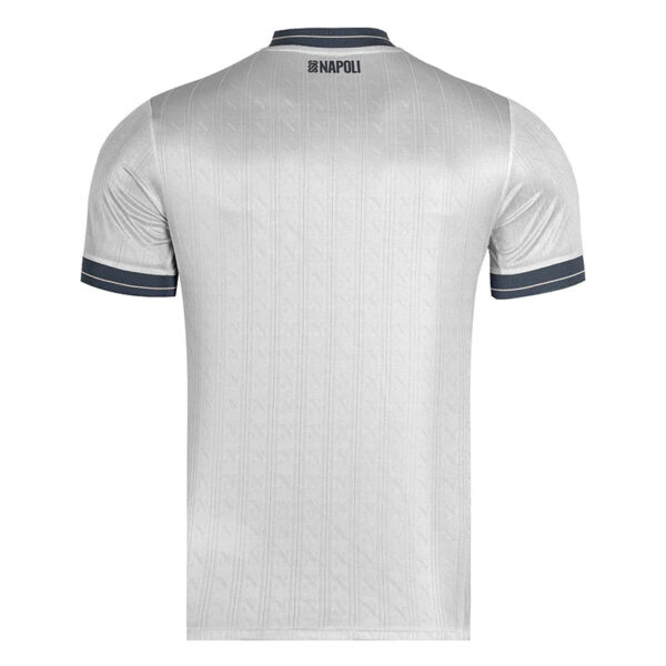 Light gray Napoli soccer jersey viewed from the back, with navy trim at the collar and sleeve cuffs and subtle patterning.