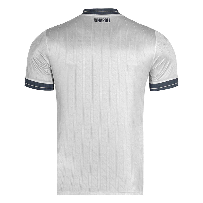 ki_bb7ff2a7-e2a4-4161-905d-ee77ce440a2d | UAE SPORT STORE Light gray Napoli soccer jersey viewed from the back, with navy trim at the collar and sleeve cuffs and subtle patterning.