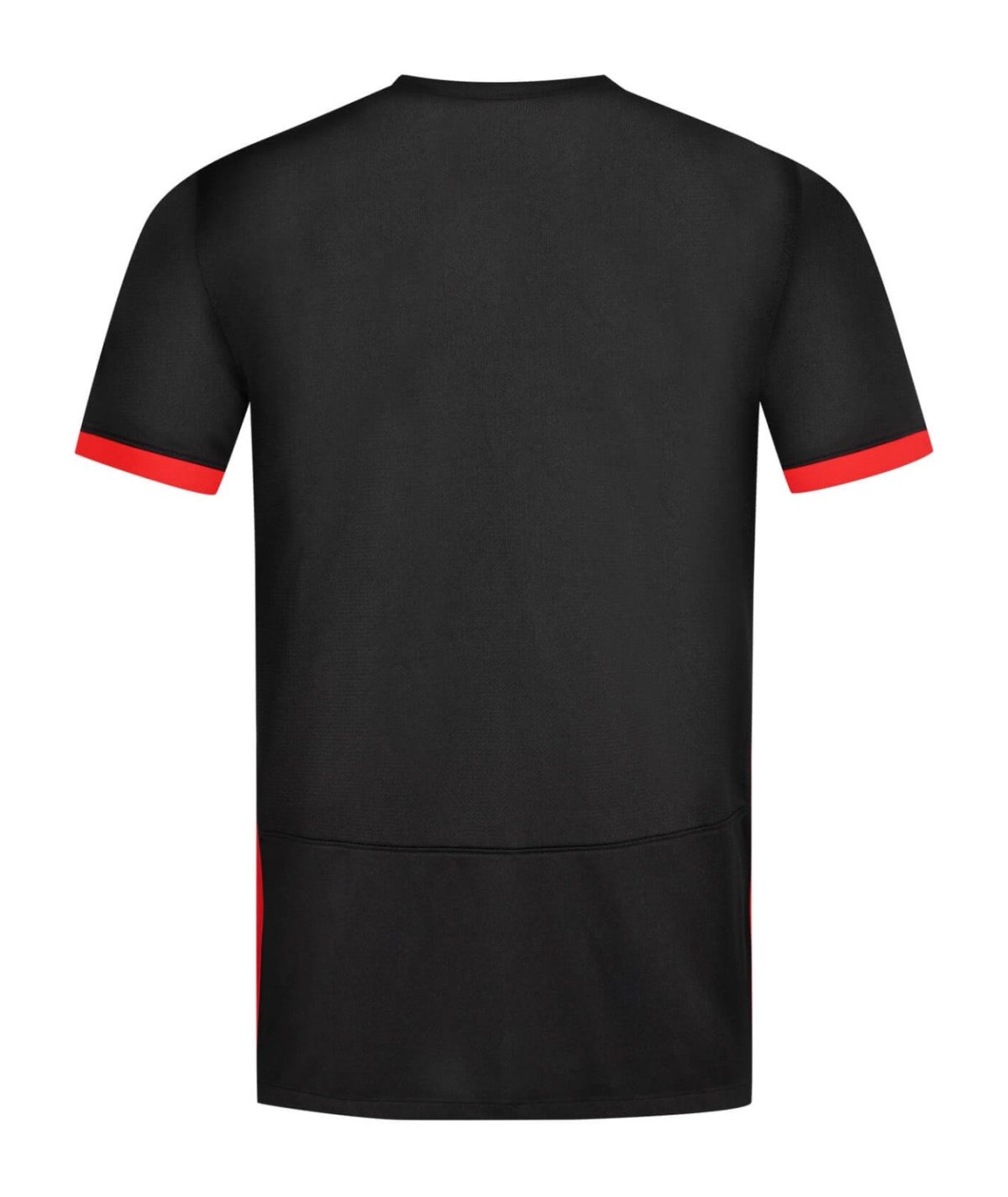 Black T-shirt shown from the back with red trim on the sleeves (short sleeves).