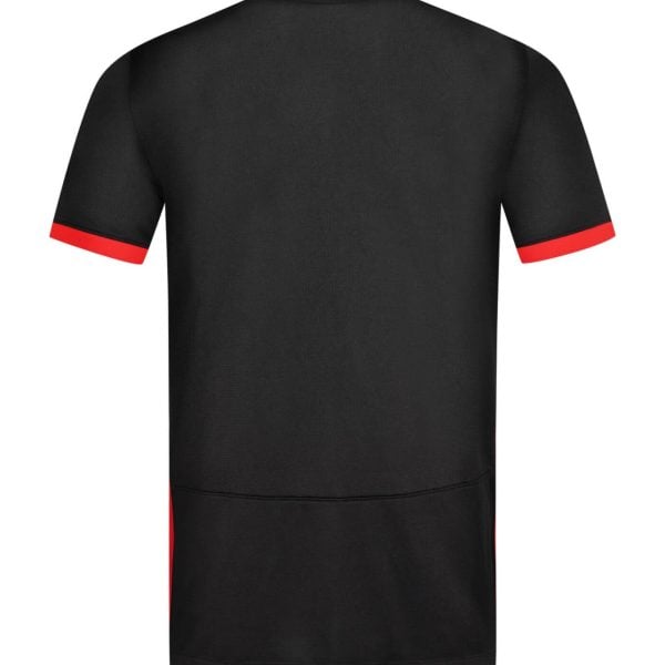 Black T-shirt shown from the back with red trim on the sleeves (short sleeves).