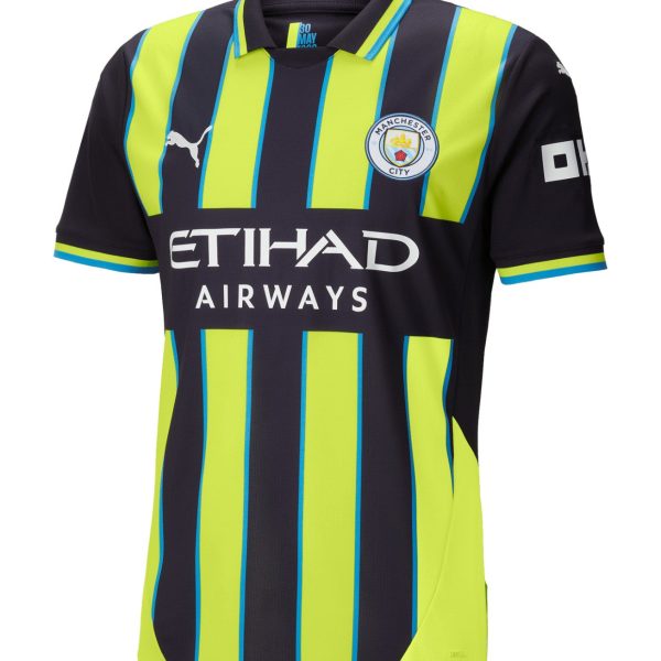 Manchester City football jersey with neon yellow and dark navy vertical stripes, sponsor Etihad Airways logo, crest on chest, and Puma branding.