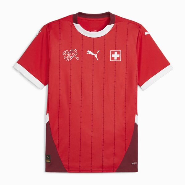Red football jersey with white-trimmed sleeves and collar, featuring Swiss flag badge, Puma logo, and vertical stripes (Swiss national team kit).