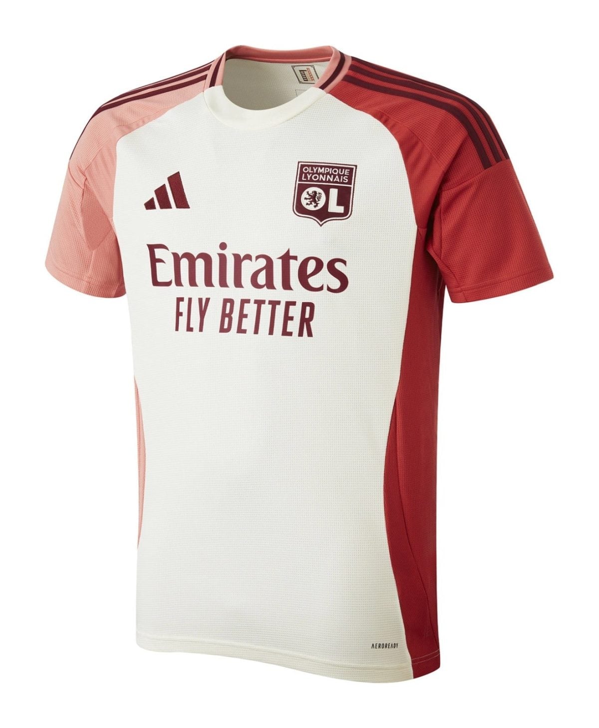 White and burgundy Olympique Lyonnais football jersey featuring Emirates Fly Better sponsor and Adidas three stripes on the shoulders (front view)