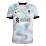 Liverpool FC home jersey with abstract multicolor ripple pattern, Nike swoosh and Standard Chartered logo visible along the chest.