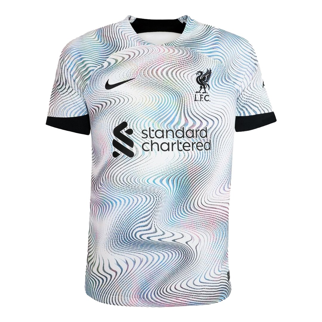 liverpool-away-jersey-202223-587398_a1f46846-c99b-4116-ab4d-66e280da1cfa Liverpool FC home jersey with abstract multicolor ripple pattern, Nike swoosh and Standard Chartered logo visible along the chest.