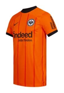 mOwcZIDQDU320P7 | UAE SPORT STORE Orange soccer jersey with black trim and sponsor text 'indeed Jobs finden', Eintracht Frankfurt crest on the chest, black collar and vertical pinstripes.