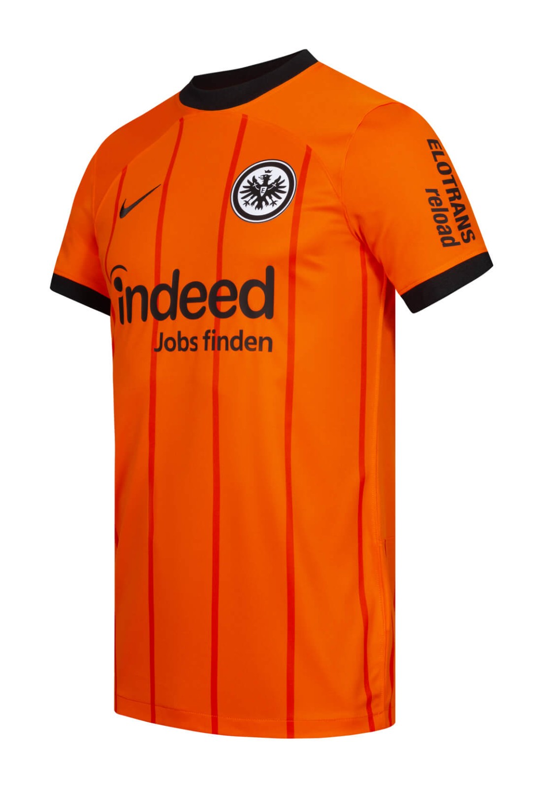 mOwcZIDQDU320P7 | UAE SPORT STORE Orange soccer jersey with black trim and sponsor text 'indeed Jobs finden', Eintracht Frankfurt crest on the chest, black collar and vertical pinstripes.
