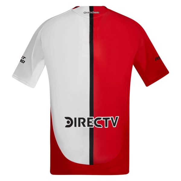 Back view of a white-and-red sports T-shirt split vertically by a black stripe, featuring a large DIRECTV logo across the chest area.