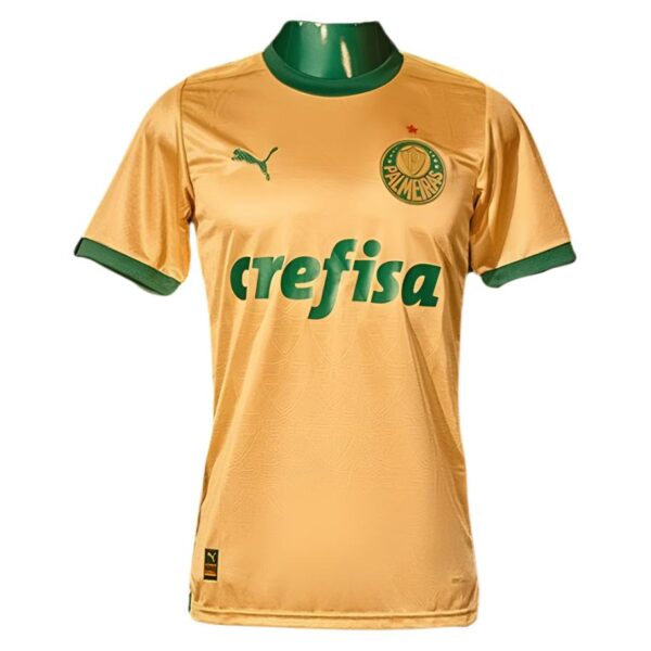 Gold Palmeiras soccer jersey with green collar and 'crefisa' sponsor across chest.