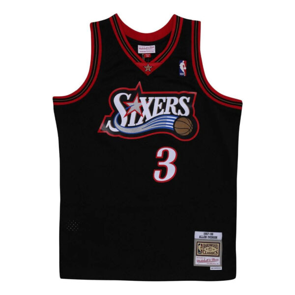 Black Philadelphia 76ers basketball jersey with red trim, showing the Sixers logo and the number 3.