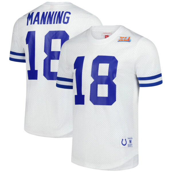 White Indianapolis Colts jersey featuring the number 18 and 'MANNING' on the back, displayed from front and back.