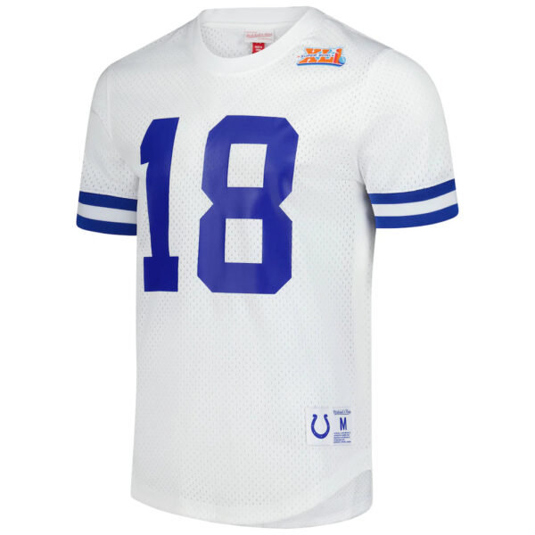 White mesh American football jersey with a large blue number 18 on the front and blue striped sleeves.
