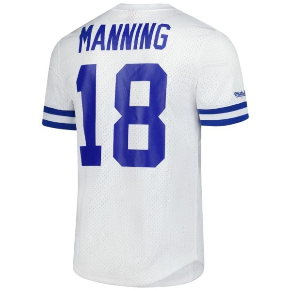 White football jersey with blue 'MANNING' name and number 18 on the back, blue sleeve stripes, mesh fabric.