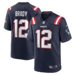 New England Patriots navy jersey with white 12 outlined in red; front shows 'PATRIOTS' and logo, back shows 'BRADY' and 12 (two views).