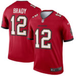 Red Tampa Bay Buccaneers football jersey featuring Tom Brady #12, shown from front and back views, with team branding and numerals.