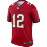 Red Buccaneers football jersey with the number 12 and Nike logo, product shot on a white background