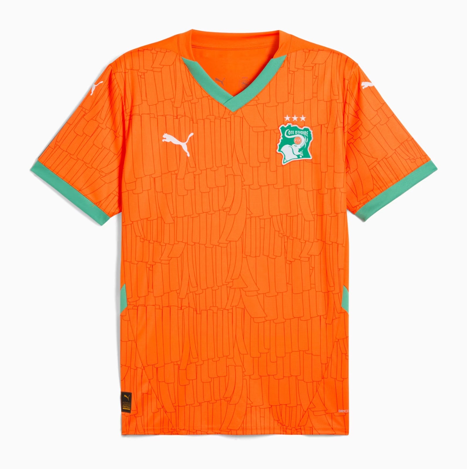 mexVMiPaHbYscSB_1 Orange football jersey with a green V-neck, Ivorians' crest on the left chest, white Puma logos, and teal-green sleeve cuffs with a repeating abstract pattern across the fabric.
