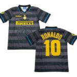 milan-photoroom-4a05f61187afc566ae17277408829312-240-0 | UAE SPORT STORE Two black-and-gray striped football jerseys, one front view showing the Pirelli sponsor and blue trim, the other back view showing the number 10 in yellow.