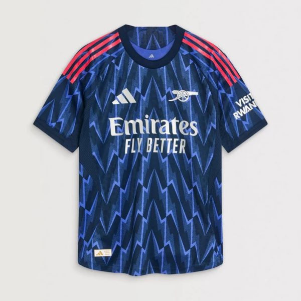 Blue zigzag-pattern Arsenal away jersey with Emirates Fly Better sponsor and Adidas logo on the chest