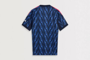 Back view of a blue zigzag-patterned sports jersey with dark sleeves and red shoulder stripes.
