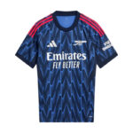 Blue zigzag-pattern sports jersey with Emirates Fly Better sponsor text on chest and dark navy trim on sleeves and collar.