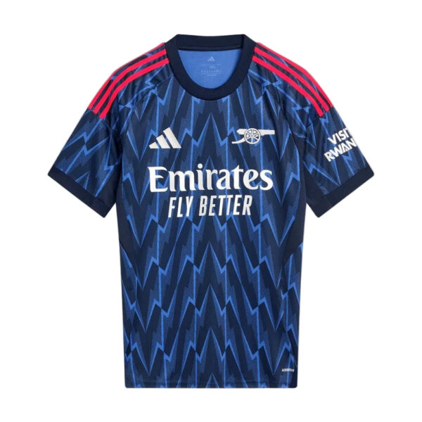 Blue zigzag-pattern sports jersey with Emirates Fly Better sponsor text on chest and dark navy trim on sleeves and collar.