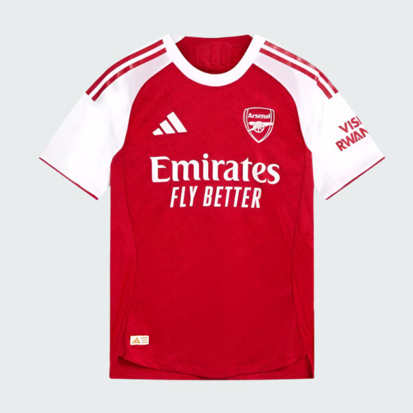 Red Arsenal football jersey with white sleeves, Emirates Fly Better sponsor and club crest on the chest