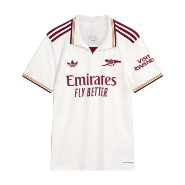 White Arsenal football jersey with maroon trim, featuring Emirates Fly Better sponsor across the chest and Visit Rwanda on the sleeve.