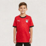 Young boy wearing a red soccer jersey with black trim, smiling at the camera.