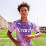 Soccer player in a purple kit standing on a bright green field, posing confidently toward the camera with hands on hips.