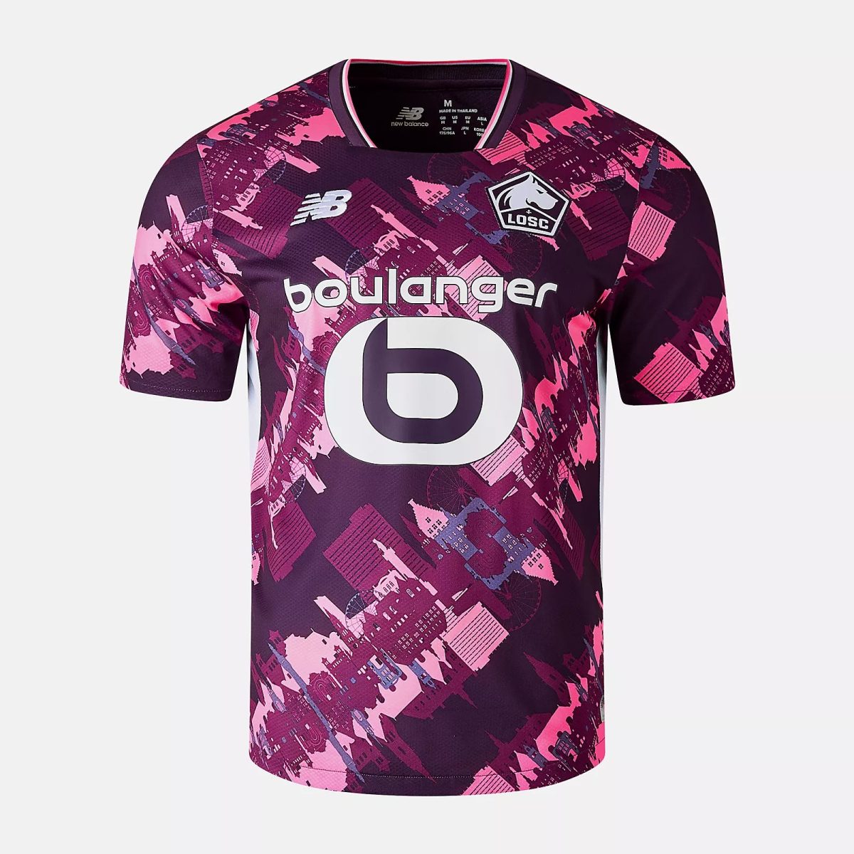 Lavalier-style soccer jersey with purple-pink abstract cityprint, featuring New Balance logos and LOSC crest, sponsor text 'boulang er' across the chest.