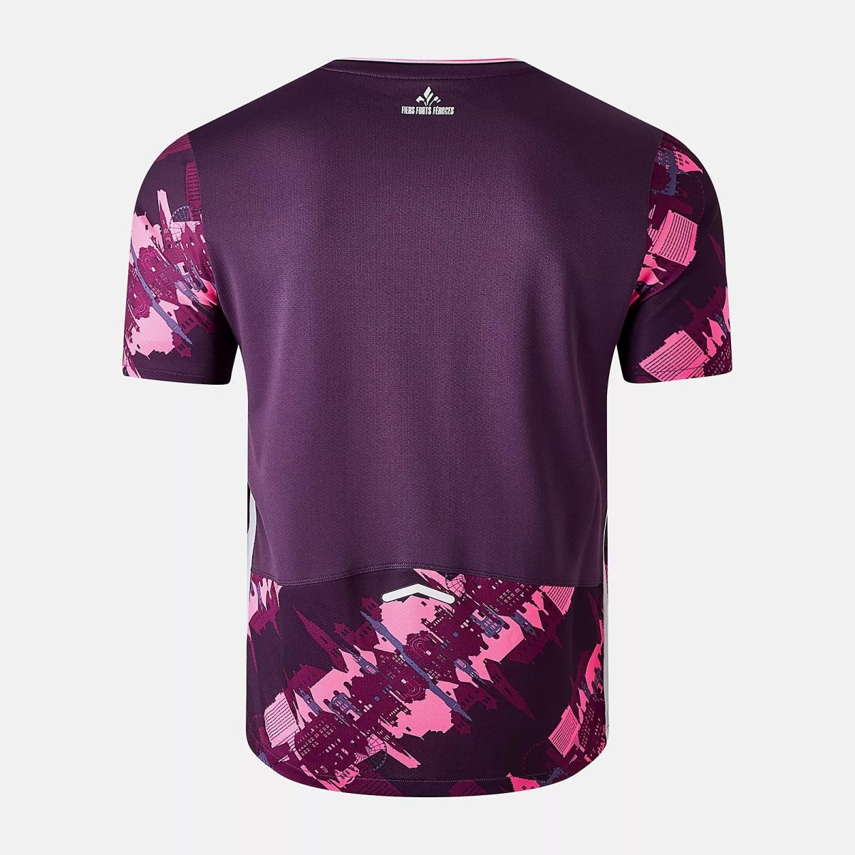Back view of a purple athletic jersey with pink abstract patterns on the sleeves and hem, small logo at the upper back edge.