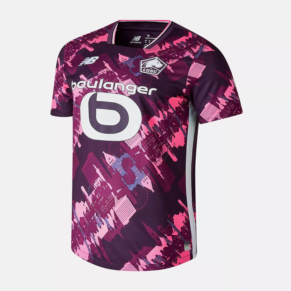 Purple and pink patterned soccer jersey with LOSC crest, sponsor 'boulanger', and large number 6 on front.