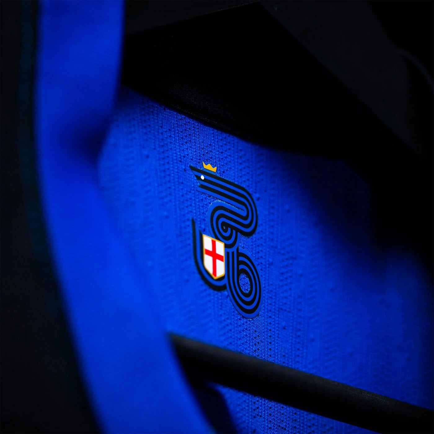 muNTnwH3ZkyX7pI | UAE SPORT STORE Close-up of a blue sports jersey showing a stylized black serpent logo and a small red-cross shield crest on the fabric edge.