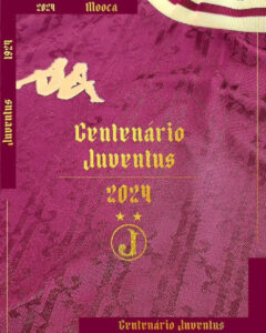 Cover of a purple/pink book titled 'Centenário Juvenis 2024' in gold gothic lettering, with a circular decorative 'J' emblem and small star symbols.