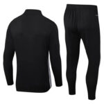 Black athletic tracksuit jacket and matching pants shown from back, with white side stripes on the sleeves and pant legs