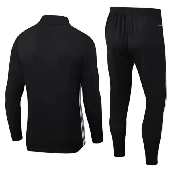 Black athletic tracksuit jacket and matching pants shown from back, with white side stripes on the sleeves and pant legs