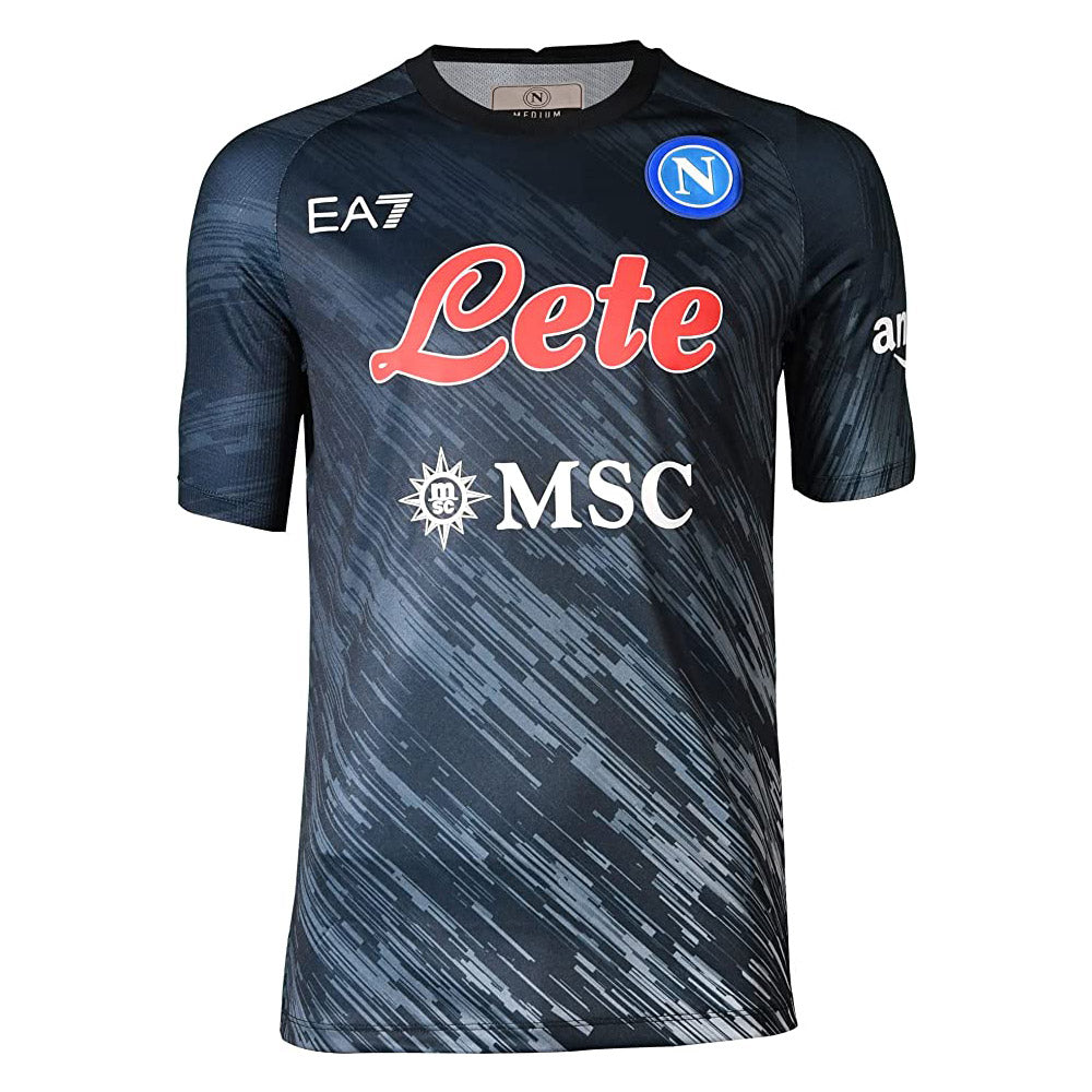 napoli_2022_2023_third_kit_a_2fdbb930-1141-4109-a033-e2ac8461a589 Napoli soccer jersey in dark blue with diagonal streak pattern, showing Lete sponsor, MSC logo, and EA7 branding