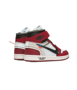 Pair of red, white, and black Air Jordan 1 sneakers with 'AIR' on the midsole, shown side by side on a white background.